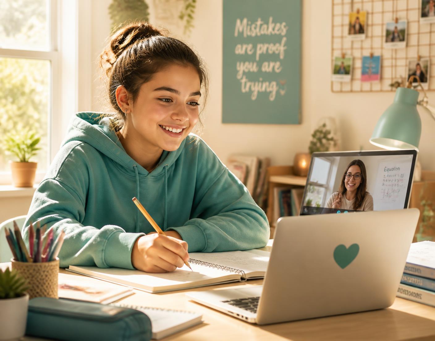 A smiling student learning one-on-one with a tutor over video call